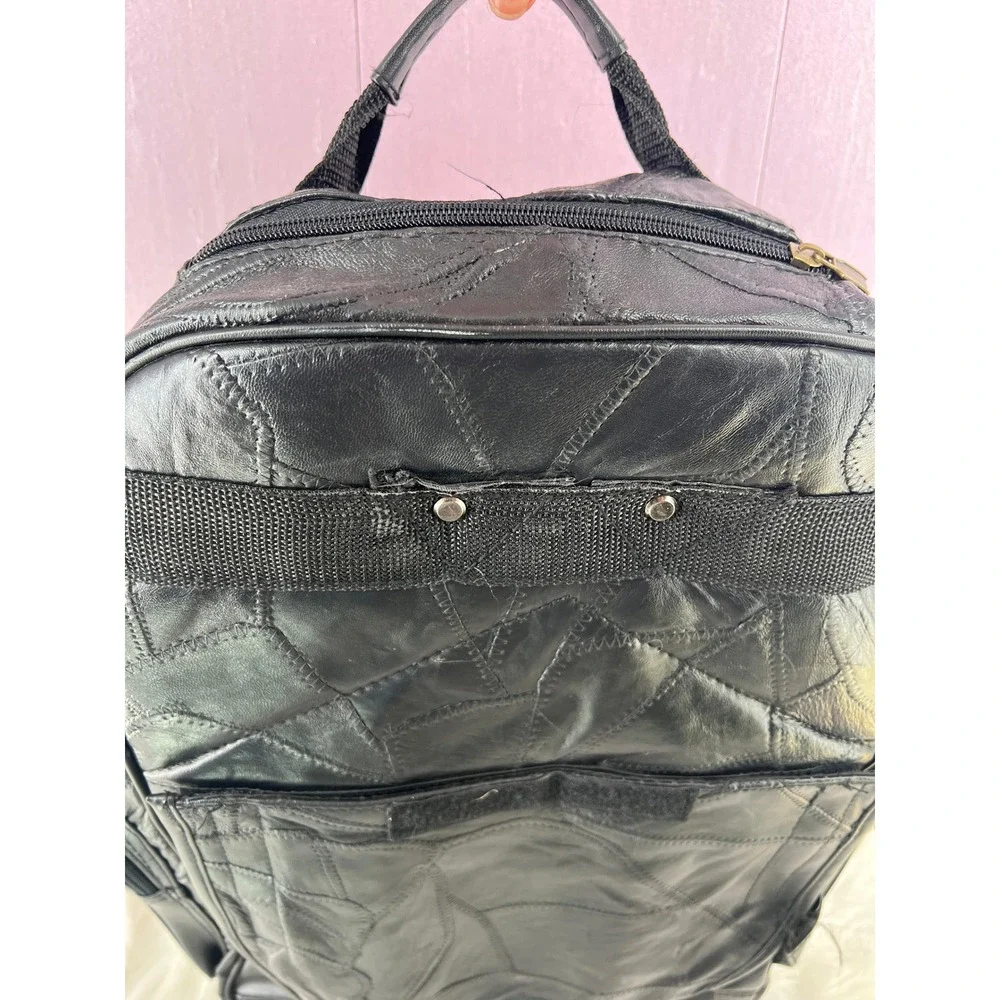 Vintage 90s Genuine Leather Patchwork Rolling Backpack Black Wheeled Travel Bag